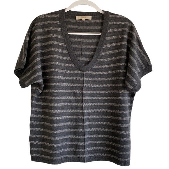 Ann Taylor Loft Gray Silver Metallic Stripe V-Neck Dolman Short Sleeve Sweater-S - Picture 1 of 7